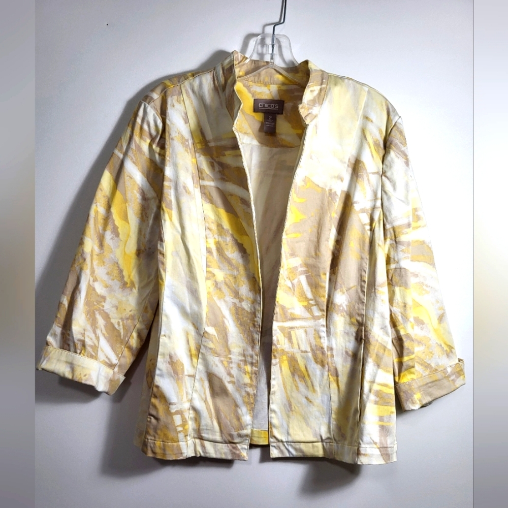 Chico's white yellow and tan open front blazer   women's M  #2212